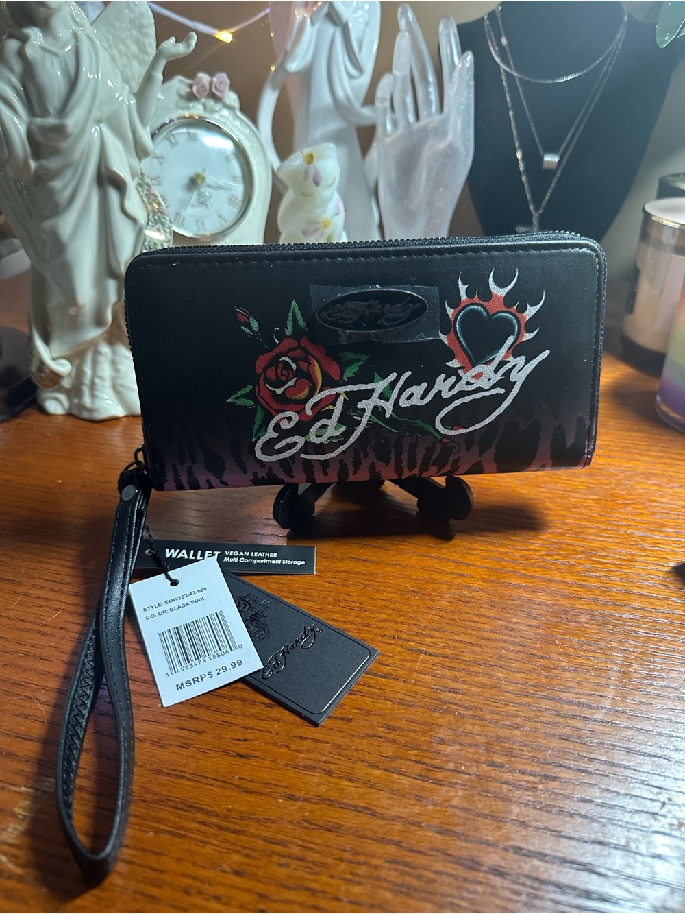 Ed Hardy Black & Pink Vegan Leather Zip Wristlet